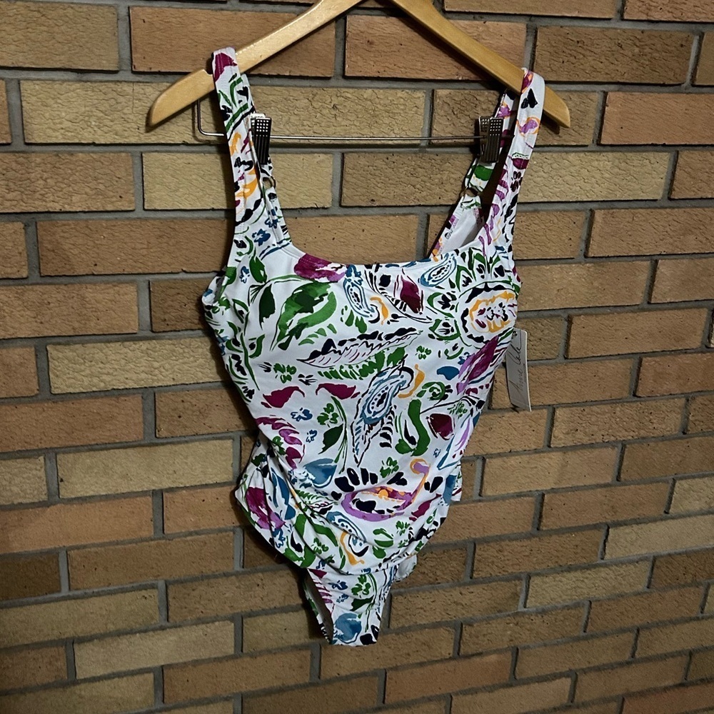 NWT Anne Cole Women's Square Neck One Piece Swimsuit Paisley Multicolor Size 14 - Picture 2 of 6